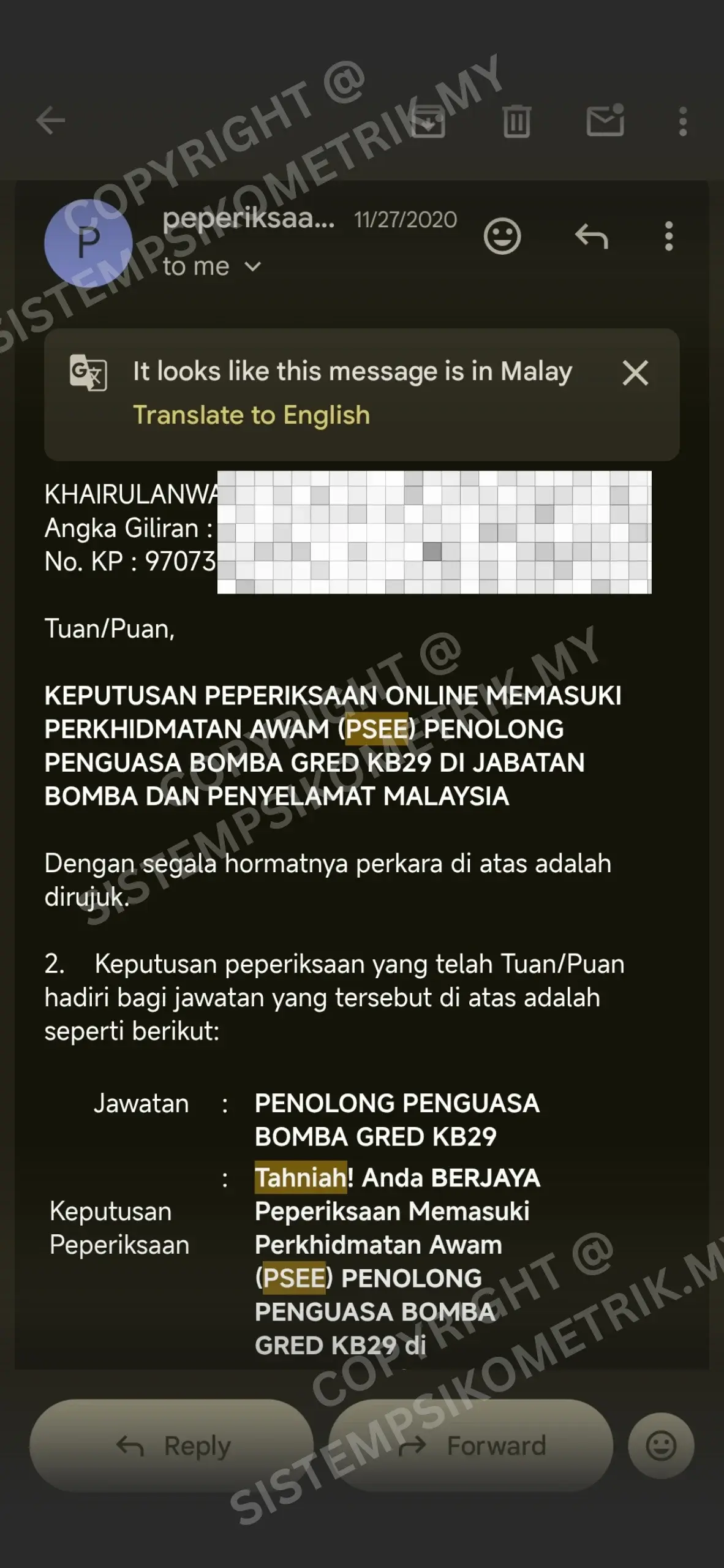 Sijil kejayaan peperiksaan psikometrik Bomba jawatan KB29 tahun 2020