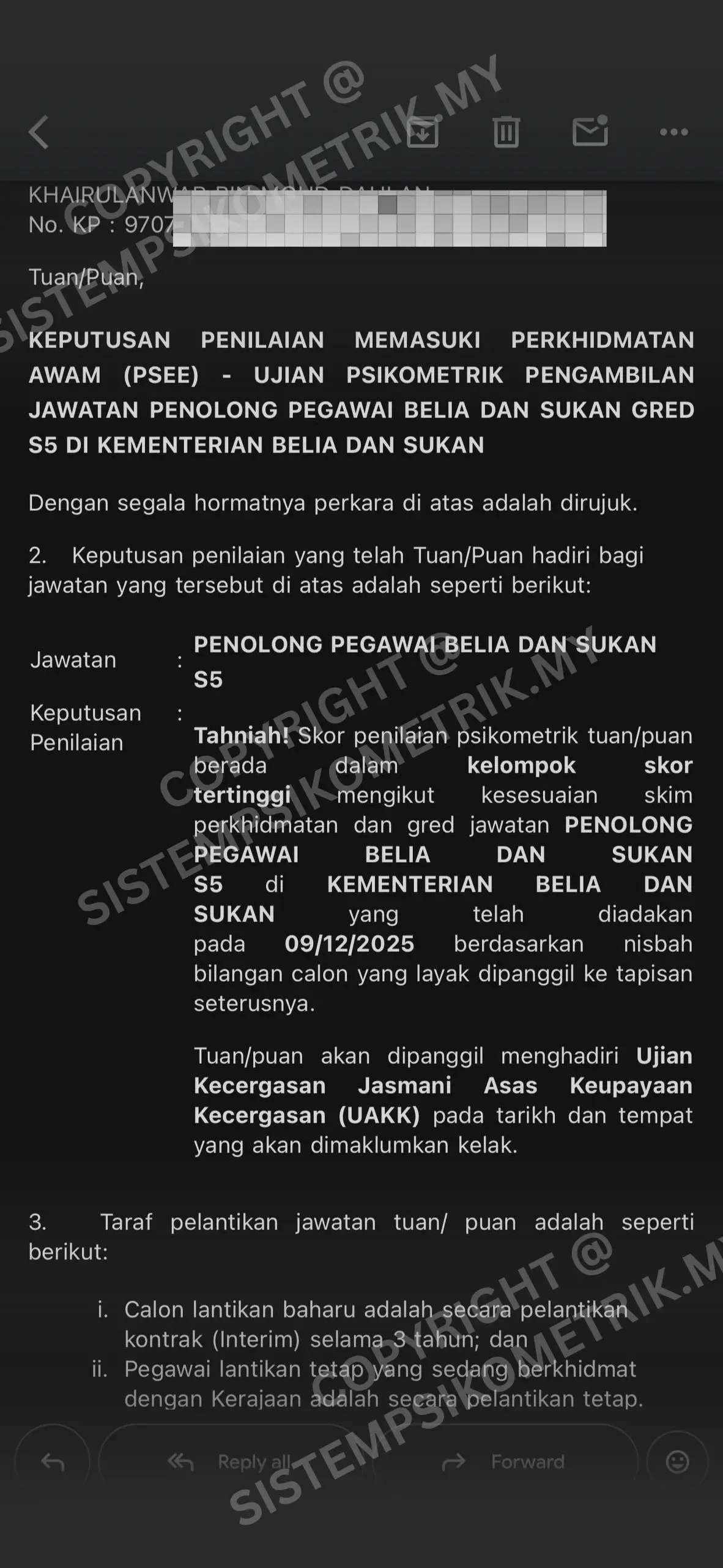 Sijil kejayaan peperiksaan psikometrik SPA jawatan S29 Penolong Pegawai Sukan rekod terkini